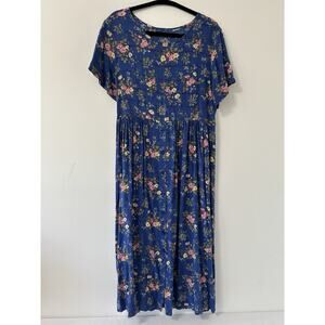 Y2k 90's Erika II & Co Medium Blue Cottagecore Floral Midi Dress Button Tie